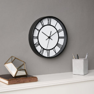 Black Roman Numbers in Circle Black Wooden Frame Clock