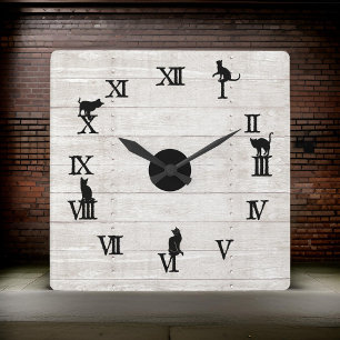 Black Roman Numerals Cats Rustic Wood Square Wall Clock