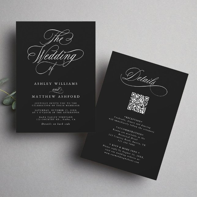 Black Romantic Calligraphy All In One Wedding  Invitation (Front & Back)