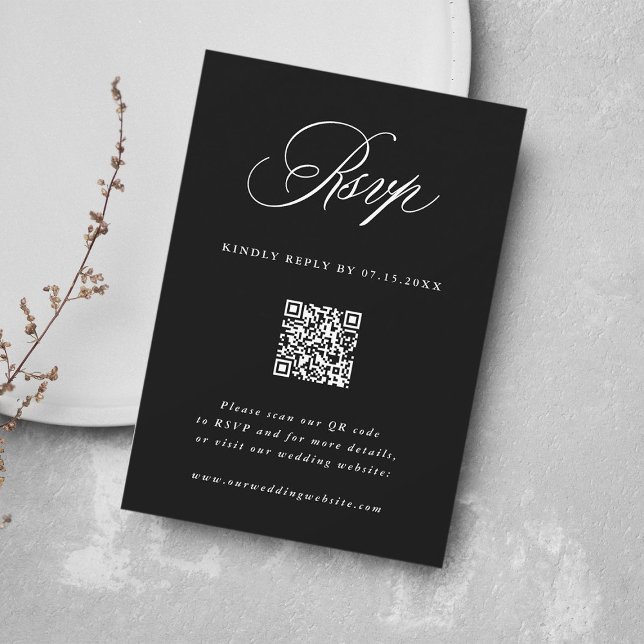 Black Romantic Calligraphy Wedding QR Code RSVP Card (Creator Uploaded)