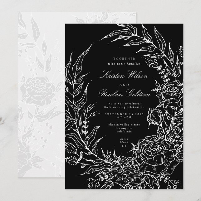 Black Romantic Flower White Wreath White Wedding Invitation (Front/Back)