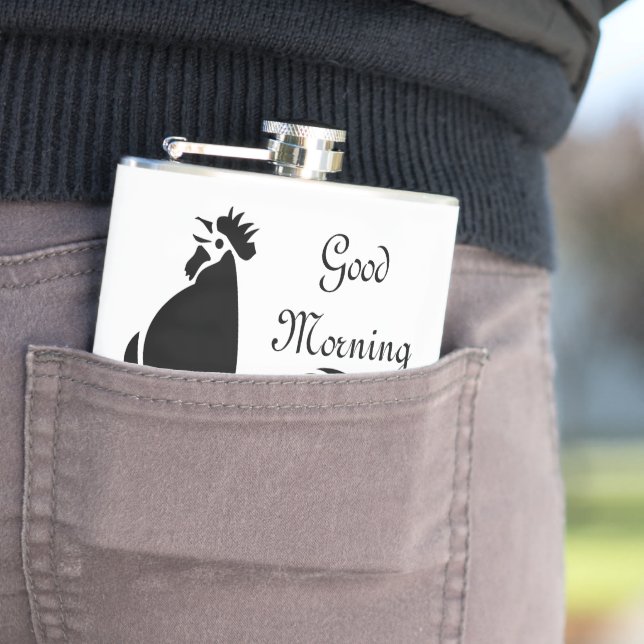 Black Rooster Crowing Silhouette Hip Flask (In Situ)