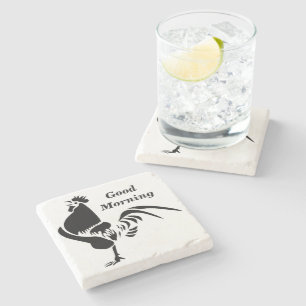 Black Rooster Crowing Silhouette Stone Coaster