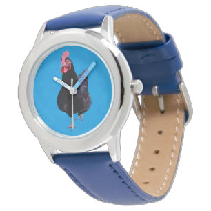 Black Rooster On Blue Background, Kids Leather Watch