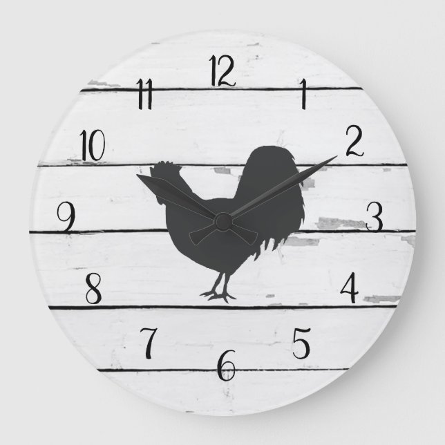 Black Rooster Rustic Shiplap Farmhouse Decor Large Clock (Front)