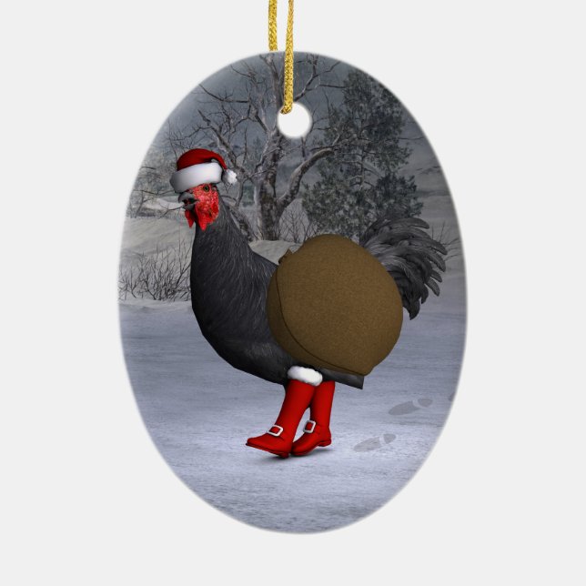 Black Rooster Santa Claus Ceramic Ornament (Back)