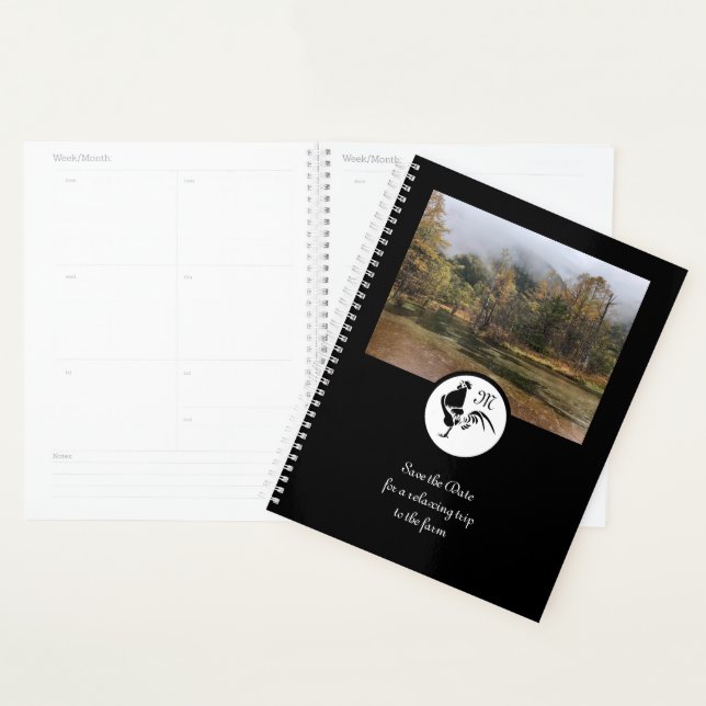 Black Rooster Silhouette Silhouette Monogram Photo Planner (Display)