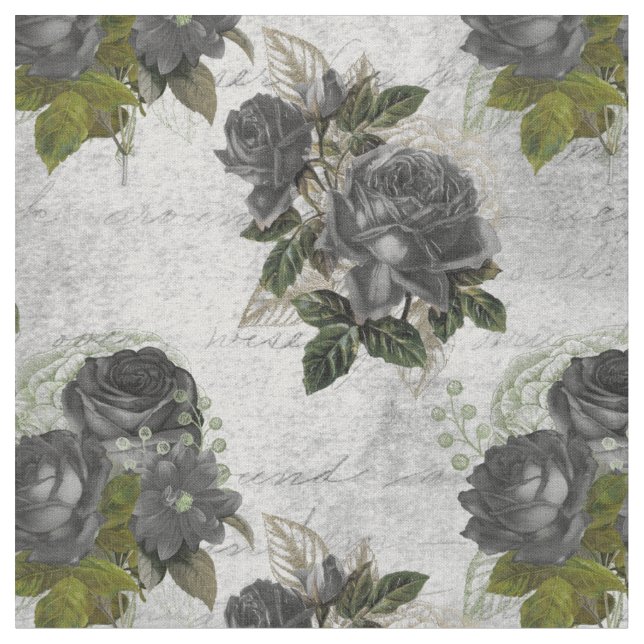 Black Rose and Green Leaves on White Fabric (Close Up)