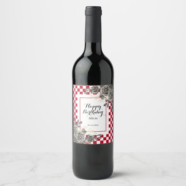 Black Rose Burgundy & White Chequered Birthday Wine Label (Front)