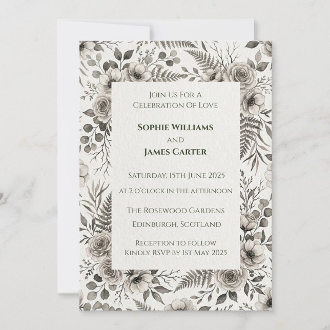 Black Rose Fern Wedding Invitation (Front)