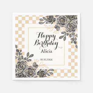 Black Rose Flora Gold & White Checkered Birthday  Napkin