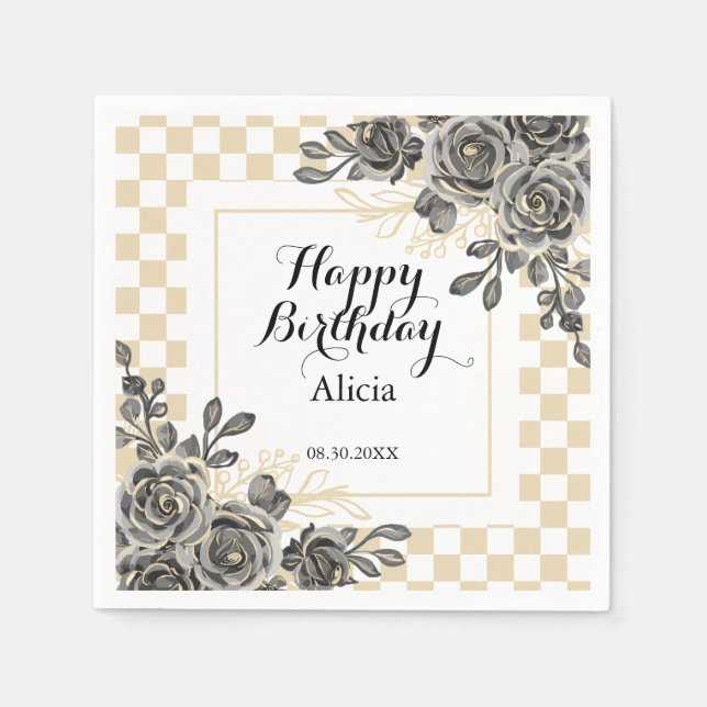 Black Rose Flora Gold & White Chequered Birthday  Napkin (Front)
