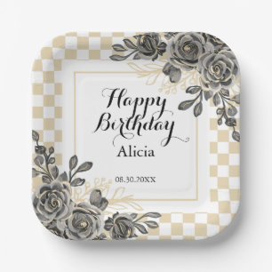 Black Rose Flora Gold & White Chequered Birthday  Paper Plate