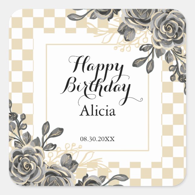 Black Rose Flora Gold & White Chequered Birthday  Square Sticker (Front)