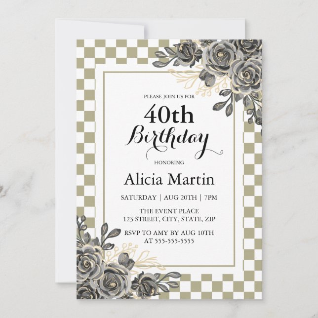 Black Rose Flora Sage & White Chequered Birthday  Invitation (Front)