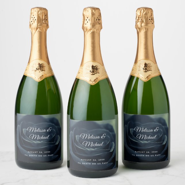 Black Rose Flower Dark Gothic Vibe Wedding Sparkling Wine Label (Bottles)