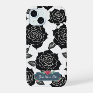 Black Rose Flower Pattern on White Background iPhone 15 Case