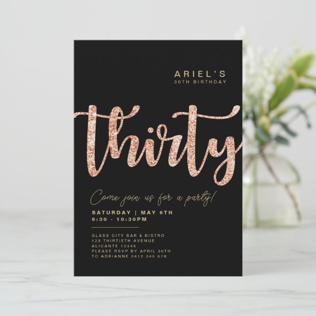 Black & Rose Gold 30e anniversaire Invitation (Debout devant)
