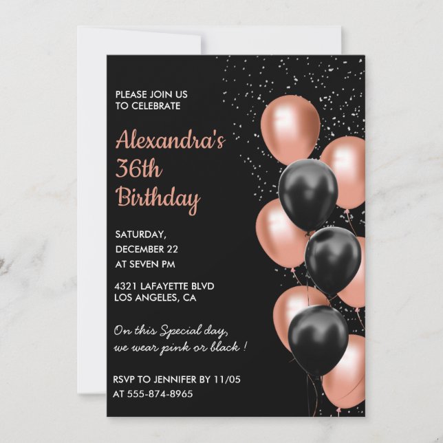 Black Rose gold 36th birthday invitation Balloon  (Front)