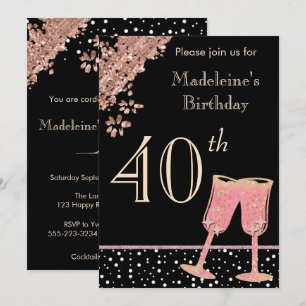 Black & Rose Gold 40th Birthday Champagne Flutes Invitation
