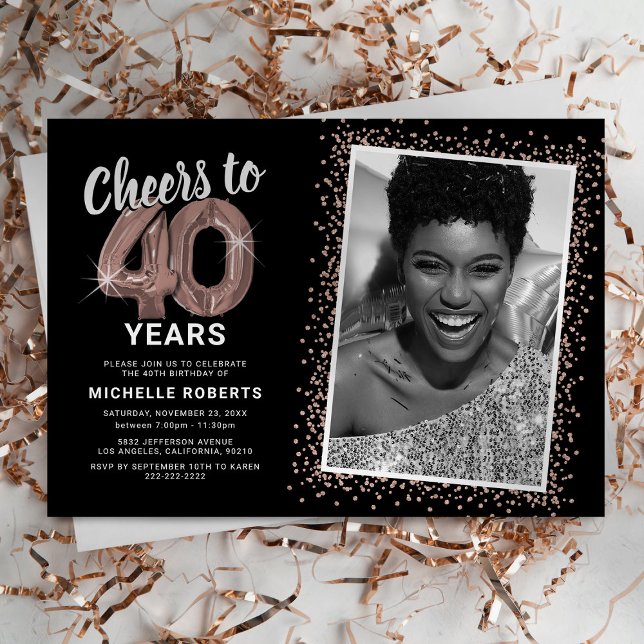 Black & Rose Gold 40th Birthday Invitation (Creator Uploaded)