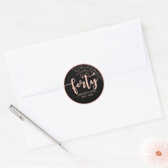 Black Rose Gold 40th Birthday Party Favour Sticker (Envelope)