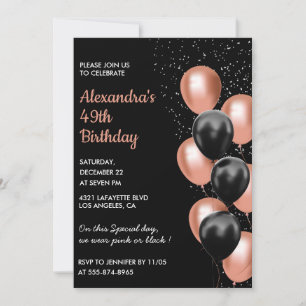 Black Rose gold 49th birthday invitation Balloon 