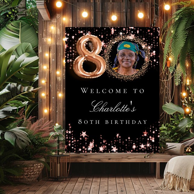 Black rose gold 80th photo birthday party welcome poster (Creator Uploaded)