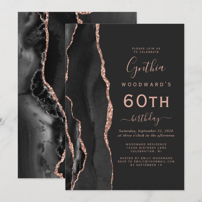 Black Rose Gold Agate Dark 60th Birthday Party Invitation (Front/Back)
