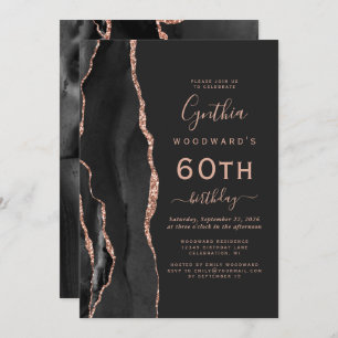 Black Rose Gold Agate Dark 60th Birthday Party Invitation