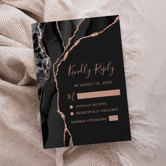 Black Rose Gold Agate Dark Wedding RSVP Card (Creator Uploaded)
