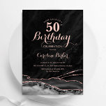 Black Rose Gold Agate Marble 50th Birthday Invitation<br><div class="desc">Black rose gold agate 50th birthday party invitation. Elegant modern design featuring watercolor agate marble geode background,  faux glitter rose gold and typography script font. Trendy invite card perfect for a stylish women's bday celebration. Printed Zazzle invitations or instant download digital printable template.</div>