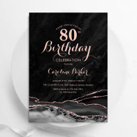 Black Rose Gold Agate Marble 80th Birthday