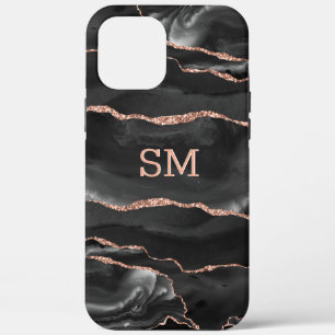 Black Rose Gold Agate Modern Monogrammed iPhone 12 Pro Max Case