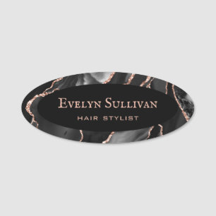 Black Rose Gold Agate Name Tag