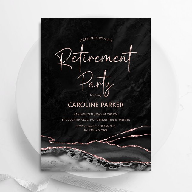 Black Rose Gold Agate Retirement Party Invitation (Creator Uploaded)