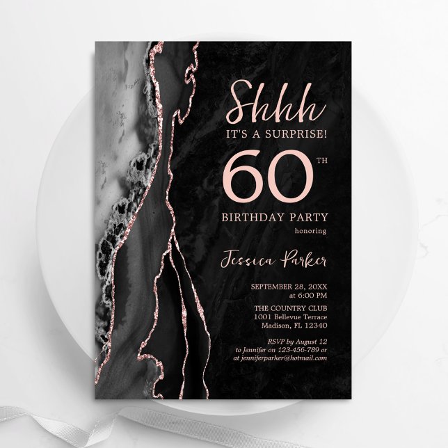 Black Rose Gold Agate Surprise 60th Birthday Invitation (Creator Uploaded)
