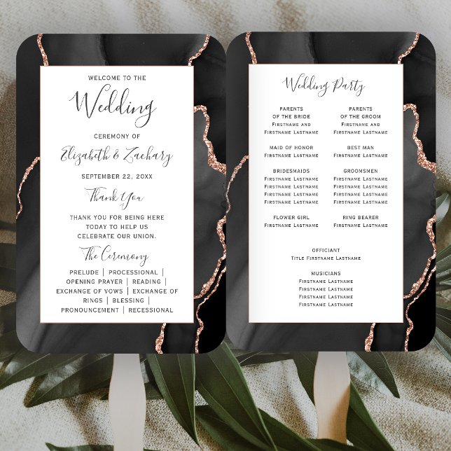 Black Rose Gold Agate Wedding Program Hand Fan (Creator Uploaded)