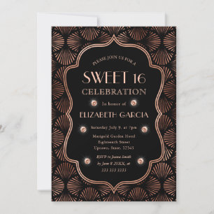 Black & Rose Gold Art Deco Vintage Frame Sweet 16 Invitation