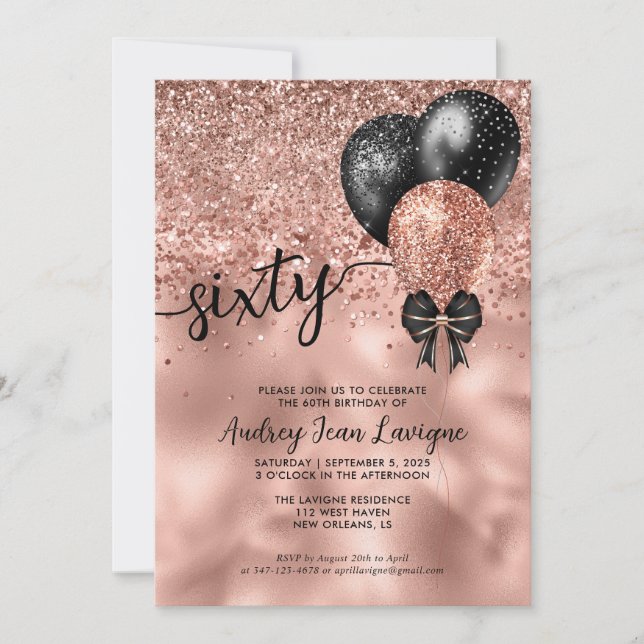 Black Rose Gold Balloon Bow Glitter 60th Birthday Invitation (Front)