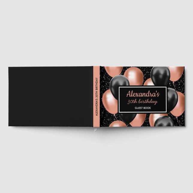 Black Rose Gold Balloon Chic Birthday Guest Book (Full)