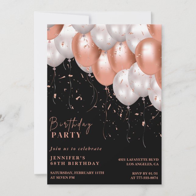 Black Rose gold Balloons 68th birthday Invitation (Front)