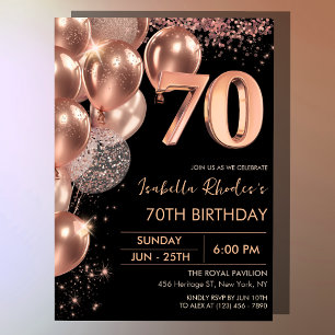 Black Rose Gold Balloons 70th Birthday Invitation