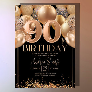 Black Rose Gold Balloons 90th Birthday Invitation