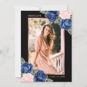 Black Rose Gold Blue Pink Floral Graduation Photo Announcement