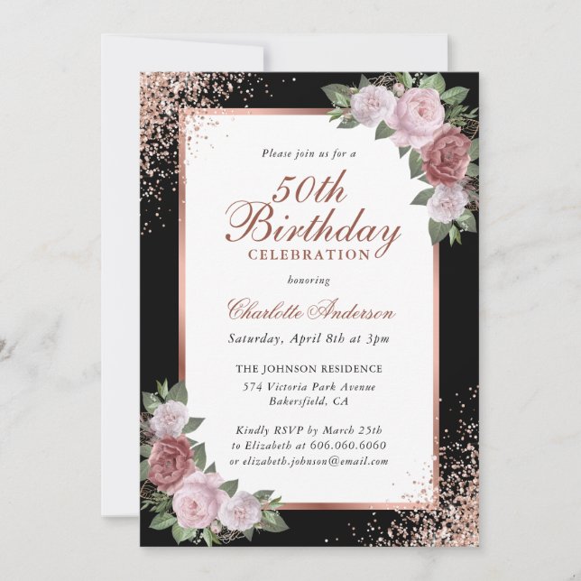 Black Rose Gold Blush Floral 50th Birthday Invitation (Front)