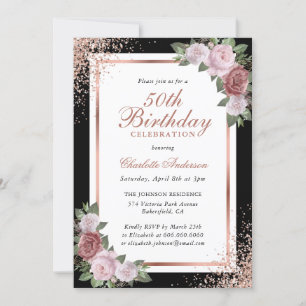 Black Rose Gold Blush Pink Floral 50th Birthday Invitation