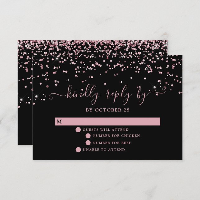 Black Rose Gold Blush Pink Glitter Wedding RSVP (Front/Back)