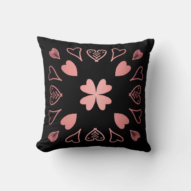 Black Rose Gold Boho Heart Throw Pillow (Front)