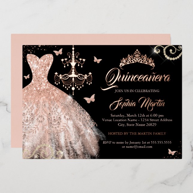 Black Rose Gold Butterfly Tiara Dress Quinceanera  (Front/Back)